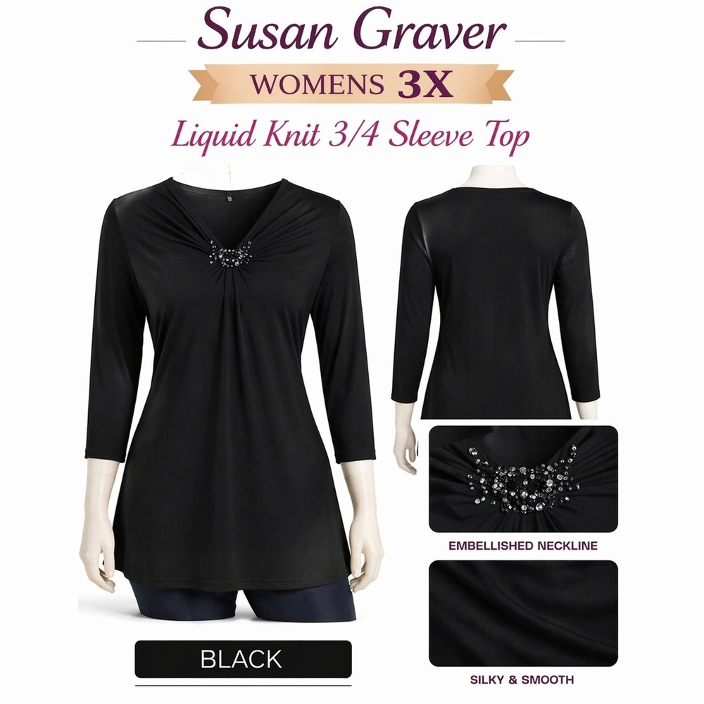 Susan Graver Liquid Knit 3/4 Sleeve Top Black Beaded V Neck Womens 3X A235618